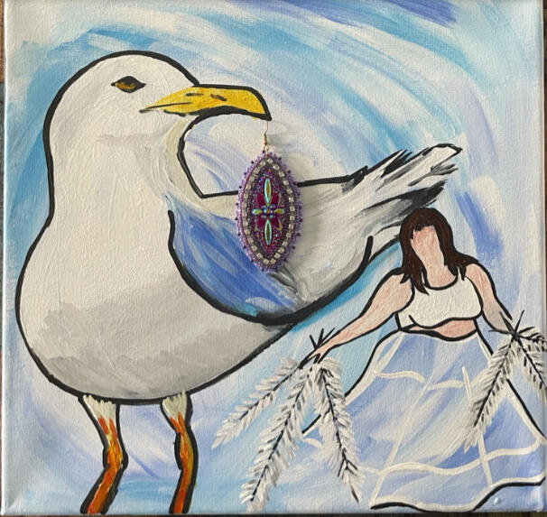 Grandfather Gull Medium: Acrylic and Beadwork on Canvas Dimensions: 12 in x 12 in. Date: 2025 Grandfather Gull Medium: Acrylic and Beadwork on Canvas Dimensions: 12 in x 12 in. Date: 2025