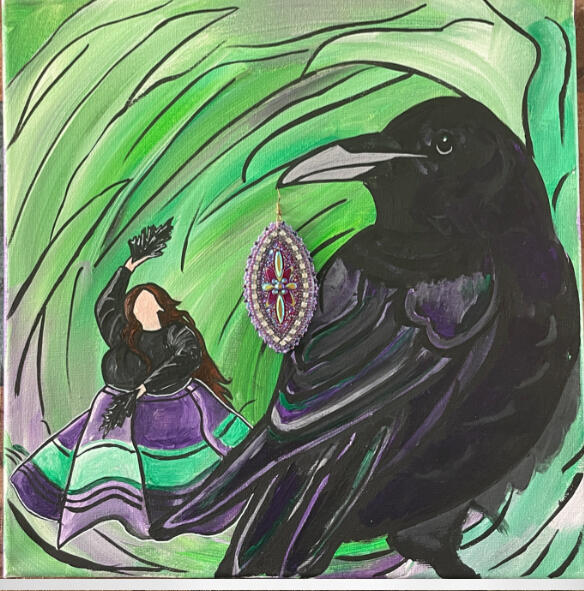 Grandmother Crow Medium: Acrylic and Beadwork on Canvas Dimensions: 12 in x 12 in. Date: 2025 Grandmother Crow Medium: Acrylic and Beadwork on Canvas Dimensions: 12 in x 12 in. Date: 2025